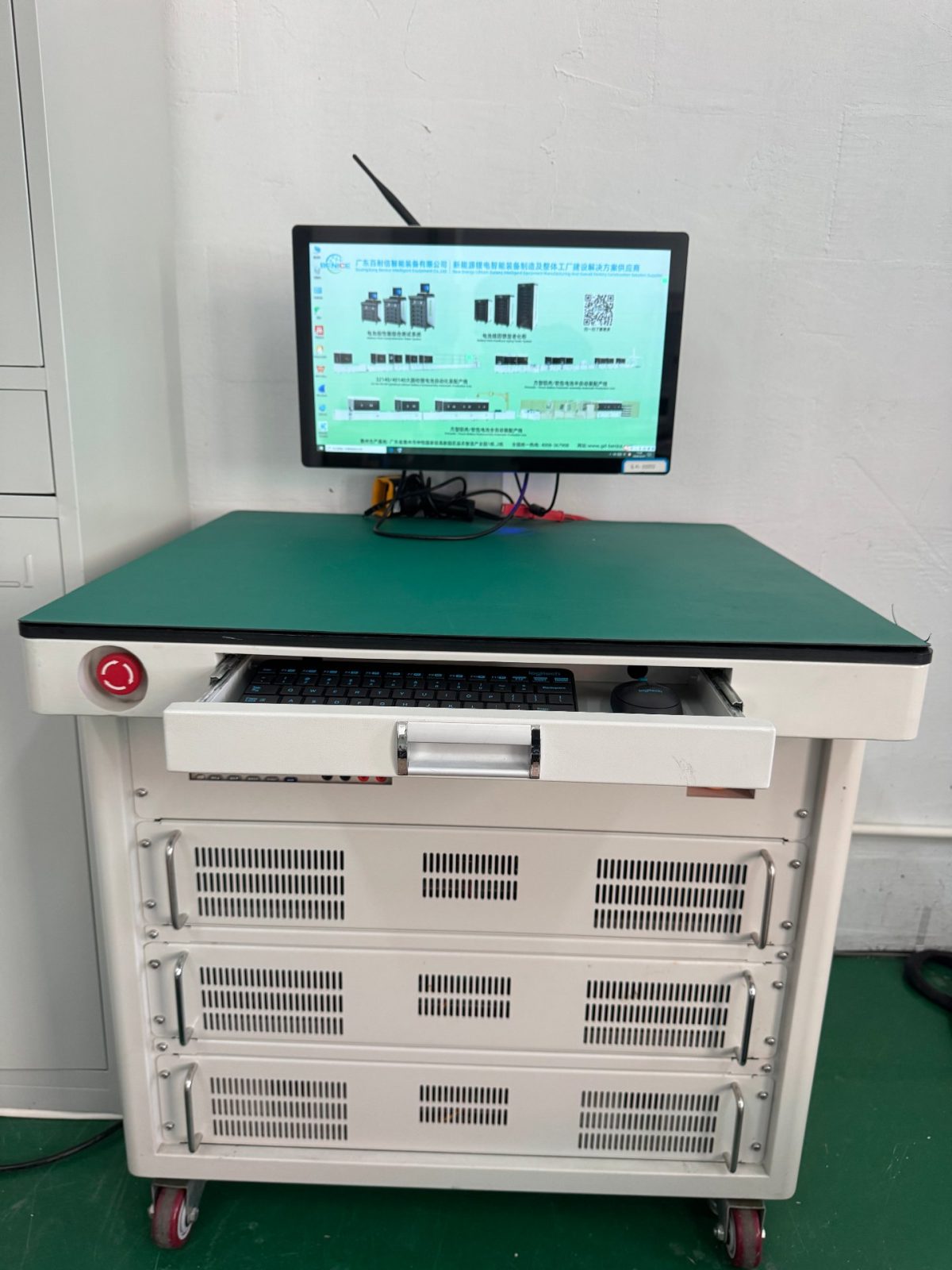 NovaBESS production equipment: touchscreen battery cell grading test bench with sorting data display